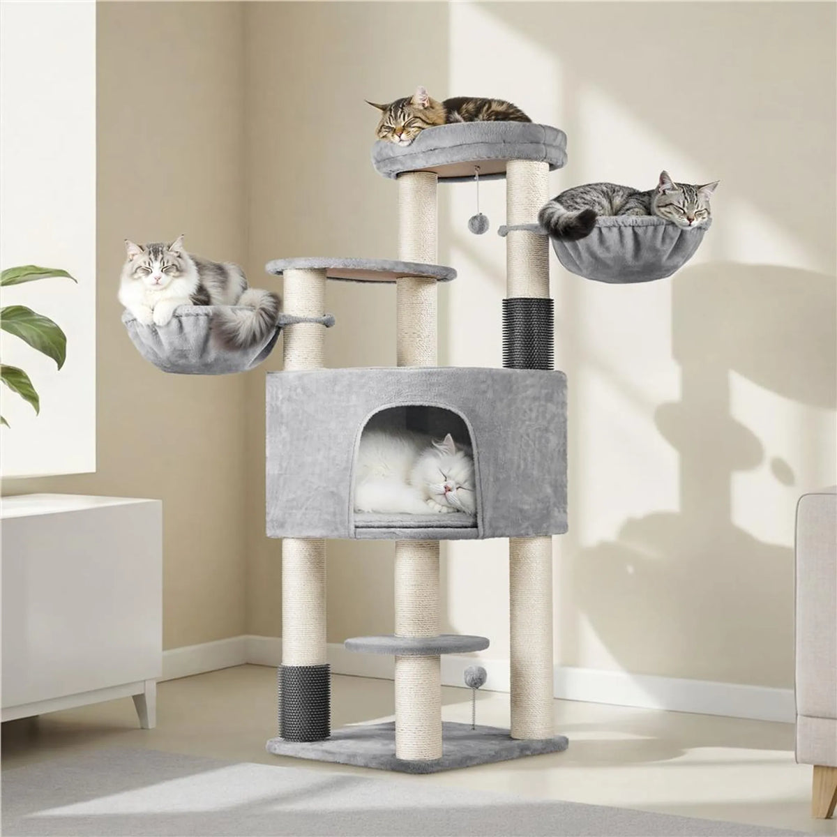 Yaheetech Kratzbaum 160 cm H – ⌀11 cm Sisalstämme, Plattformen & Katzenhöhlen – Hellgrau & Beige