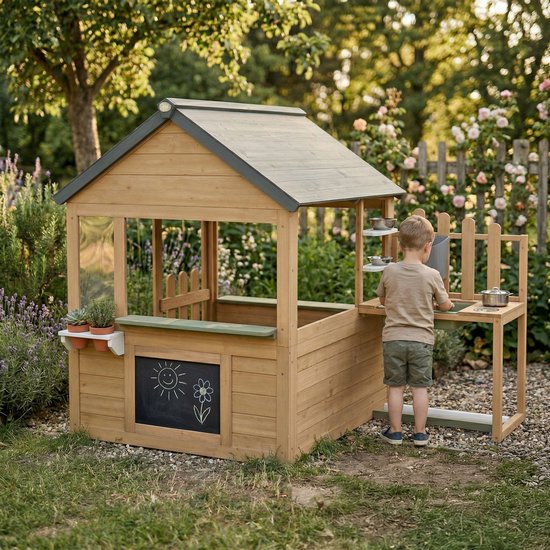 AXI Lizz Spielhaus Braun/Anthrazit – Holzspielhaus mit Spielküche, Kreidetafel, Spiegel, Blumentöpfen und Zubehör – FSC-zertifiziertes Holz – Gartenhaus für Kinder – 10 Jahre Garantie