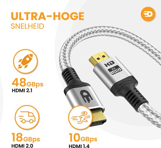HDMI-Kabel 2.1 - Ultra HD High Speed - HDMI zu HDMI - Geeignet für Xbox Series X & PS5 - 1 Meter - Nylon - Silberweiß
