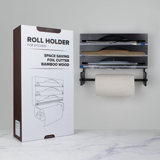 Nimma Rollenhalter - Küchenrollenhalter und Folienhalter in 1 - Inkl. Aufhängesystem und Folienschneider - Geeignet für 3 Folienrollen - Bambus - Schwarz