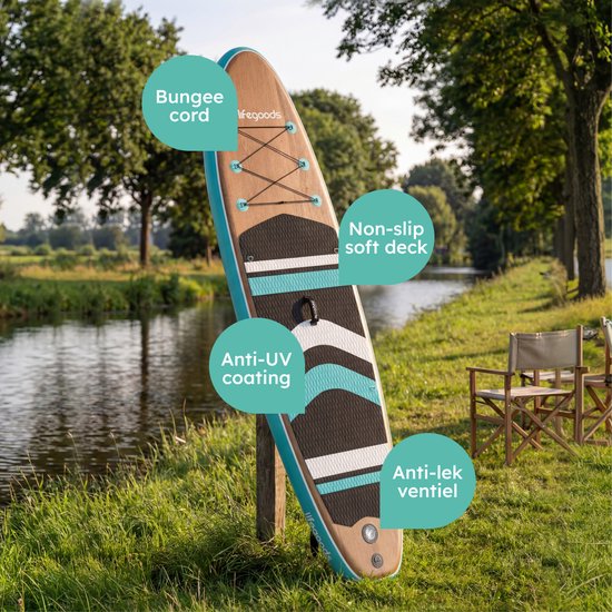 LifeGoods PaddlePro SUP Board - mit Sitz - Aufblasbares Paddle Board - Komplettset - Max. 150KG - 320x81cm - Holz/Blau