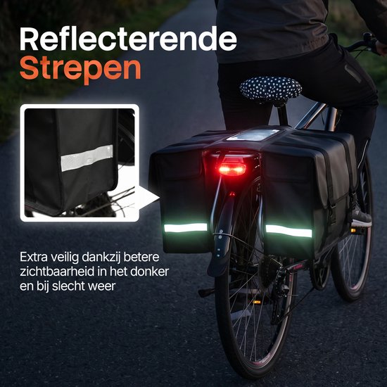 Brixy Doppel-Fahrradtasche – Wasserdichte Fahrradtaschen – 45 l – Mit Reflektoren – E-Bike – Schwarz