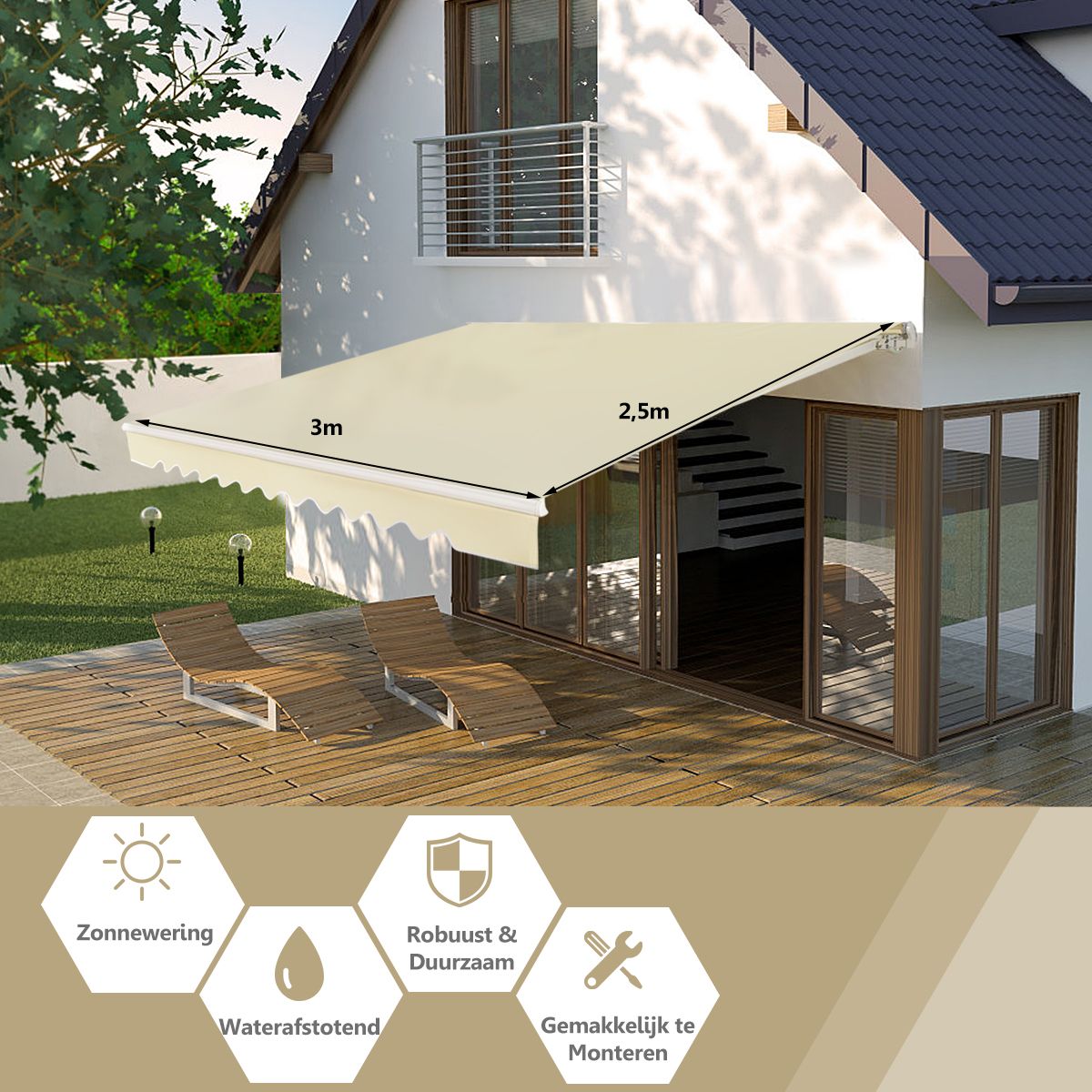 Coast Sonnenschirm für die Terrasse, ausziehbar mit Kurbel – 3 x 2,5 m – Beige