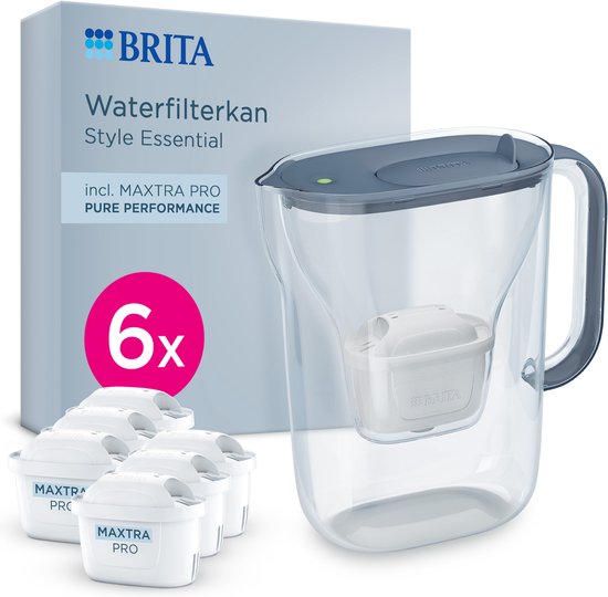 BRITA Wasserfilterkanne Style Essential Cool – 2,4 l – Blau – inkl. 6 MAXTRA PRO Pure Performance Wasserfilterkartuschen – passt in den Kühlschrank, mit Smart LED Light und Klappdeckel