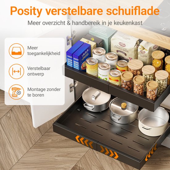 Posity Slide Drawer - Kitchen Cabinet Organizer - Sink Cabinet/Drawer Organizer - inside drawer kitchen - Extendable and Adjustable (32-52 cm) - Telescopic - Black