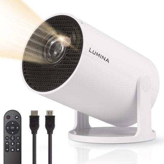 Lumina® Pro Mini Beamer 2026 - Android 14 Smart Projektor mit Google Playstore - Heimkino - Für iOS & Android - WiFi 6 & Bluetooth 5.4 - Weiß