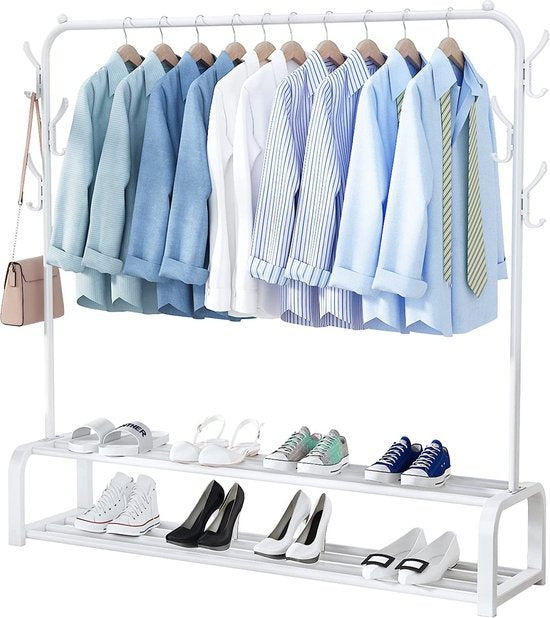 Avalo Industrial Clothes Rack - Metall - 110x33x150 CM - Weiß - Lagerung für Schuhe - Garderobe Rack mit Haken