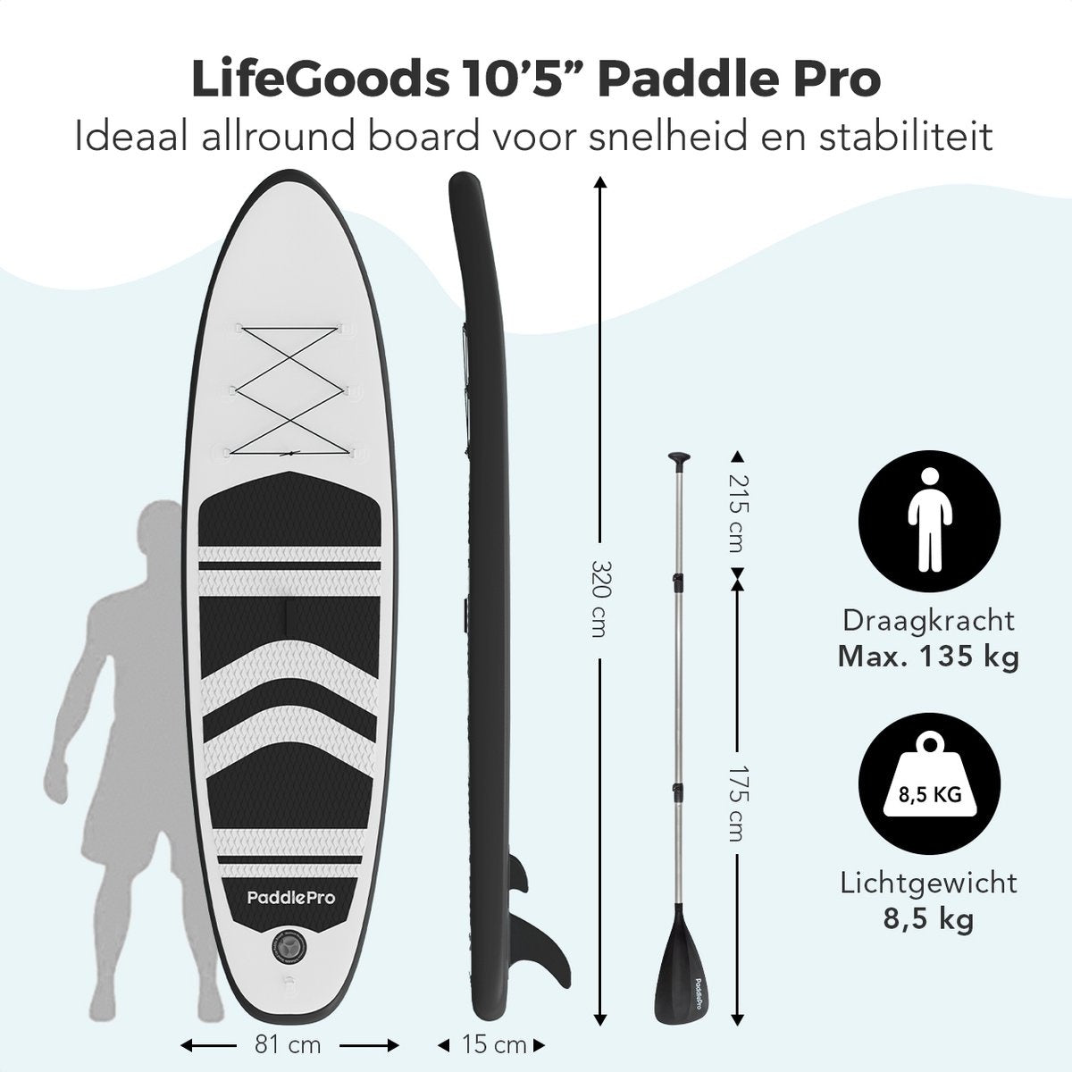 LifeGoods SUP Board - Aufblasbares Paddle Board - Komplettset - Max. 135KG - 320x81cm - Weiß/Schwarz