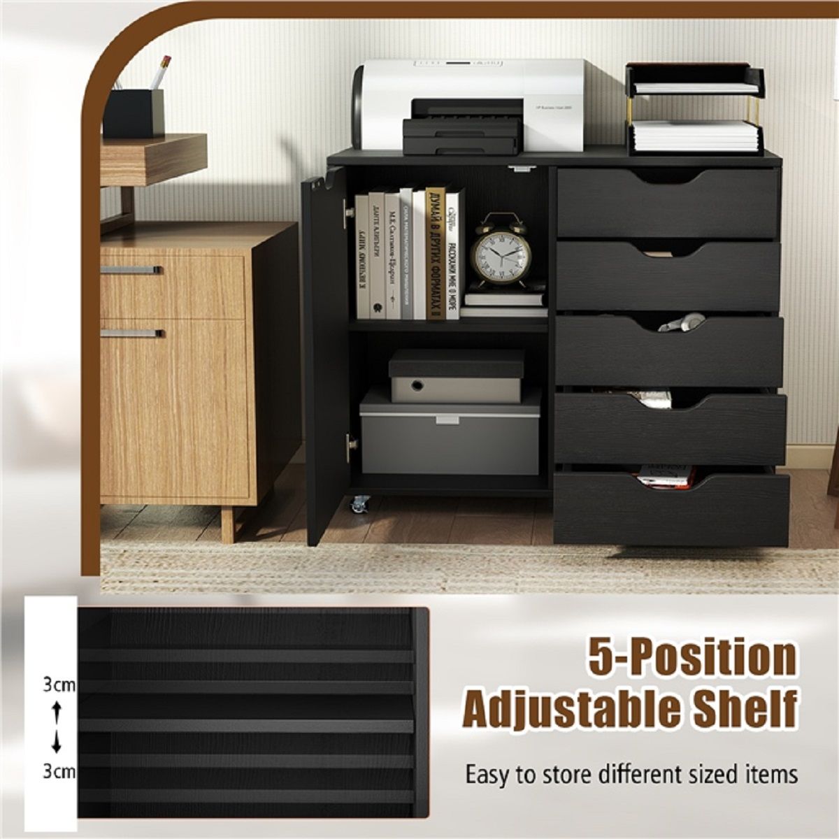 Coast Rollcontainer mit 5 Schubladen – Türschrank – Arbeitsplatte – Schwarz – 79 x 39 x 65 cm