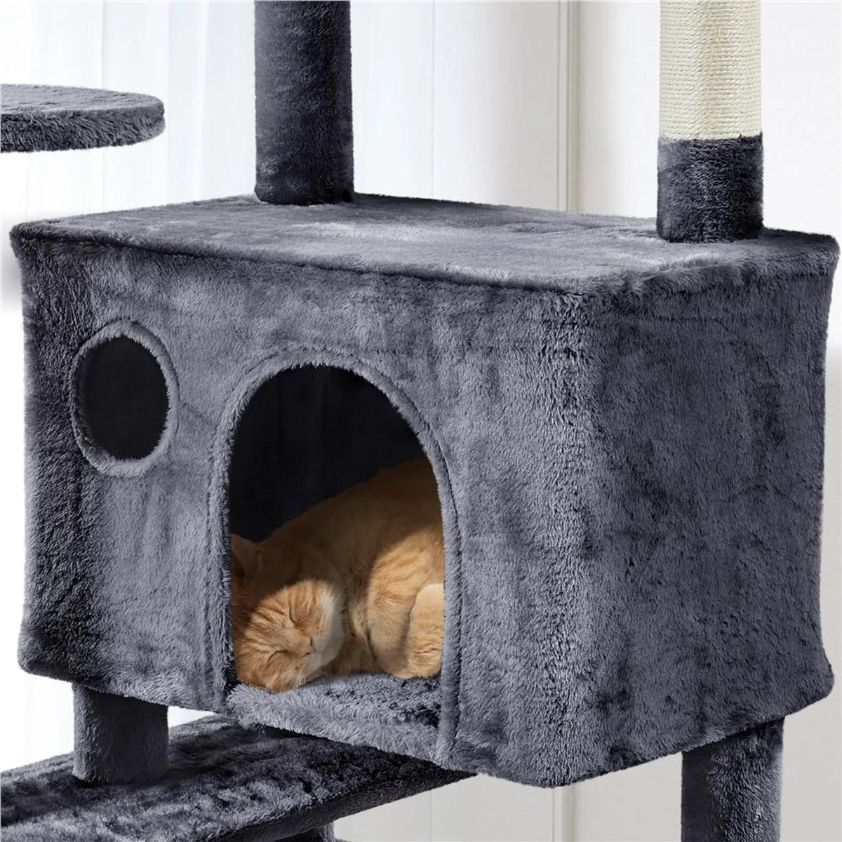 Yaheetech Katzenpfosten XXL mit zwei Katzenkörben - ausgestattet mit Kletterrampe und Katzenohr-Liege und hängenden Spielbällen - für Haushalte mit mehreren Katzen - dunkelgrauer Plüsch und Sisal - 59,5 x 55 x 202,5 cm