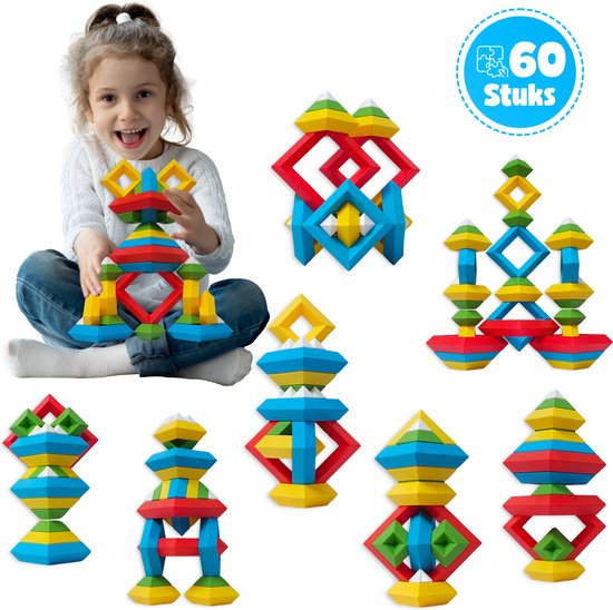 MontiPlay® Build Buddies - 60 Piece Block Tower - Montessori Spielzeug - Stacking Bricks & Blocks - STEM & Sensory Kleinkinderspielzeug - Ab 3 Jahren - Kinderspielzeug - Bauklötze - Toy Book 2024