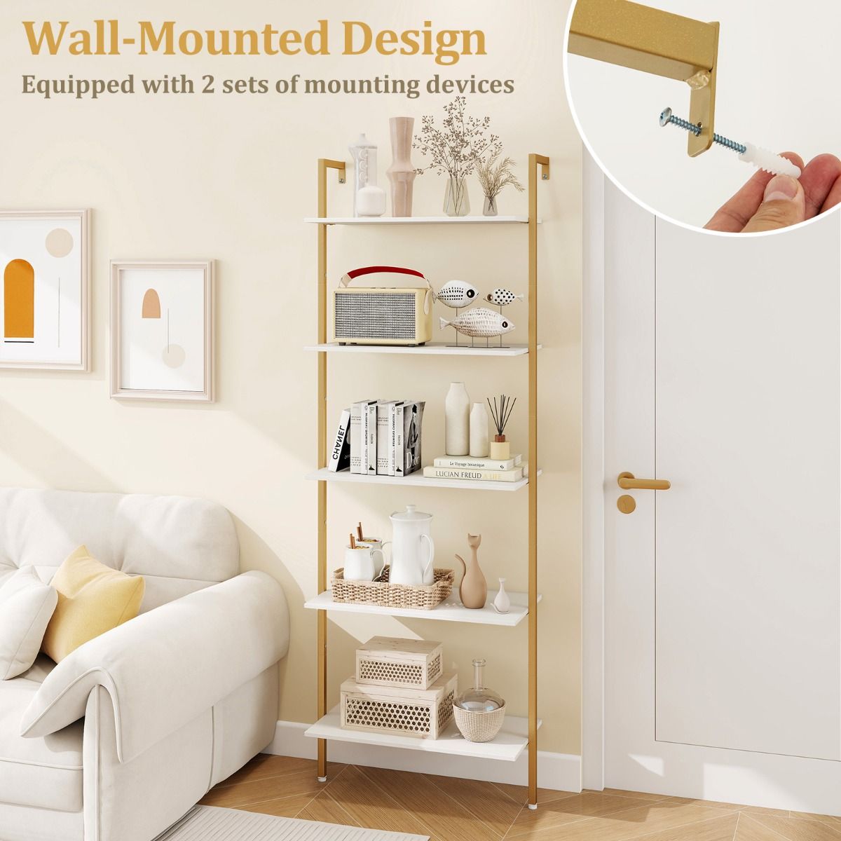 Coast Bücherregal mit 5 Einlegeböden – Wandmontage – Metallrahmen – Weiß und Gold