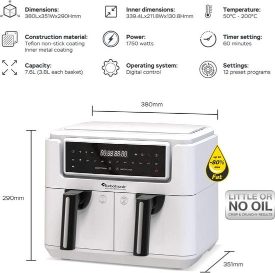 TurboTronic AF118 Double Airfryer XXL - Digitale Heißluftfritteuse - Doppelkorb - 7,6L - 2x 3,8L - 12 Programme - Touchscreen - Weiß
