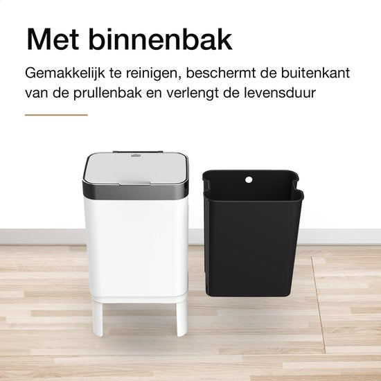 Loftey Mülleimer 60 Liter - Push/touch Mülleimer - Duo Mülleimer mit Inneneimer - Mülleimer 2 Fächer - Abfalltrennung 2x30L - Küche - Weiß/RVS