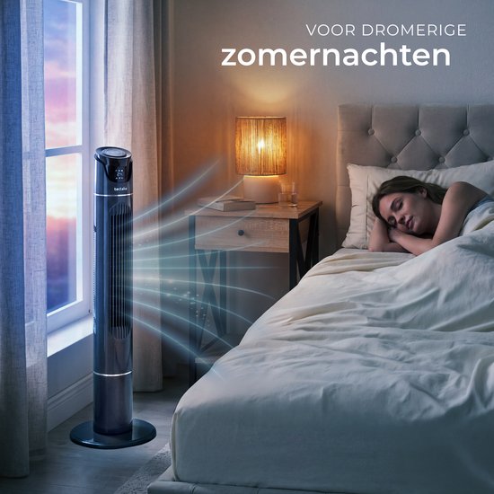 tectake® Großer Ventilator mit Fernbedienung – 110 cm – Schwenkbarer Ventilator mit 3 Geschwindigkeitsstufen – Turmventilator – Leiser Standventilator mit verschiedenen Windmodi + Timer – Luftkühler – Schwarz