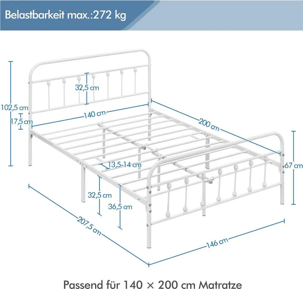 Yaheetech Metallbettgestell 140 x 200 cm – Weiß – Doppelbett mit Lattenrost und hohem Kopfteil