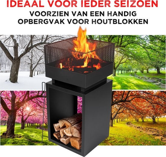 BBQ Collection - Feuerkorb mit Funkenschutz - Gartenkamin 39 x 39 x 85 cm - Outdoor-Kamin mit Pfahl und Brennholzlager - Holzofen für Garten und Terrasse - Outdoor-Ofen für Holz - Carbonstahl