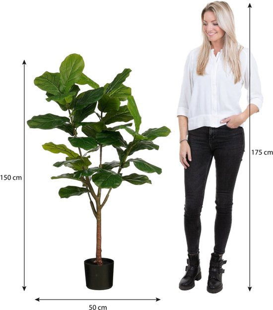 Mica Decorations Ficus Lyrata Kunstpflanze – Kunststoff-Zimmerpflanze im schwarzen Topf – wasser- und UV-beständig für drinnen und draußen – pflegefreie botanische Dekoration – H 150 x Ø 50 cm – grün