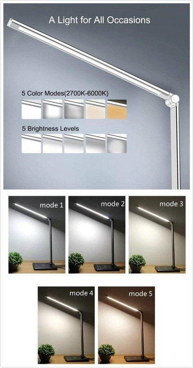Fuegobird EK009 LED-Schreibtischlampe - kabelgebunden - kabelloses Laden für Telefon - dimmbar - klappbar - Smart Touch - Qi-Technologie - Schwarz
