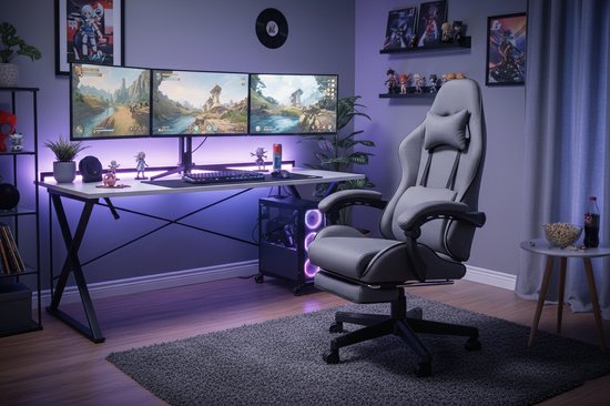 VDD – Gaming-Stuhl mit Fußstütze – gepolsterte Armlehnen – höhenverstellbar – Massagekissen – grau