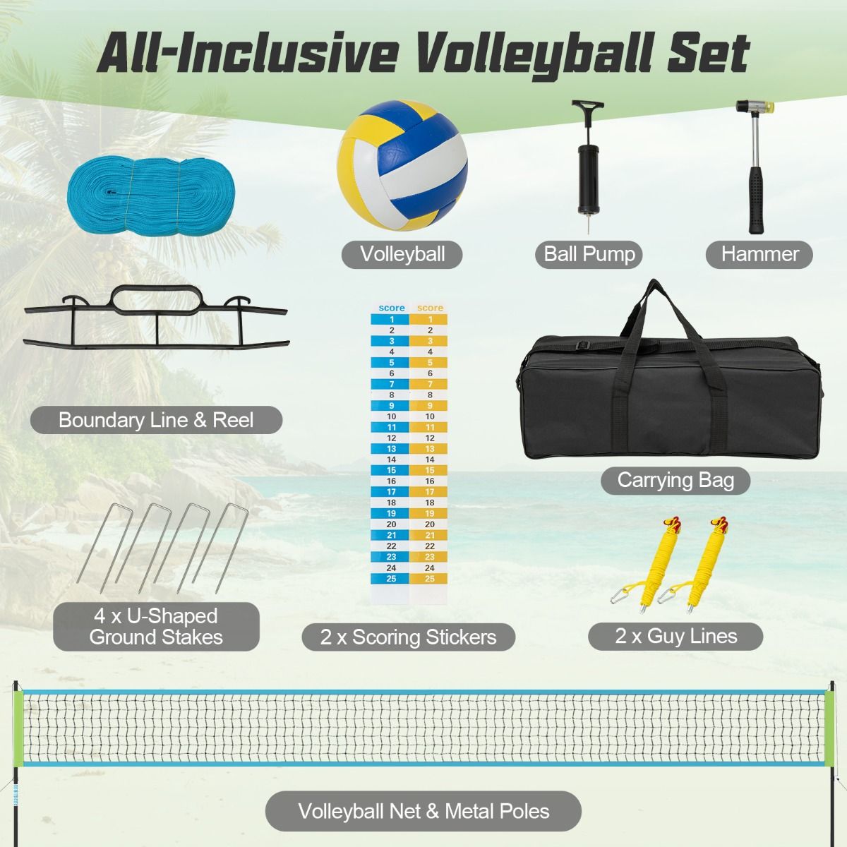 Coast Volleyballnetz für Pool und Strand - Verstellbar mit Ständern - 9,75 x 0,9 m - Grün