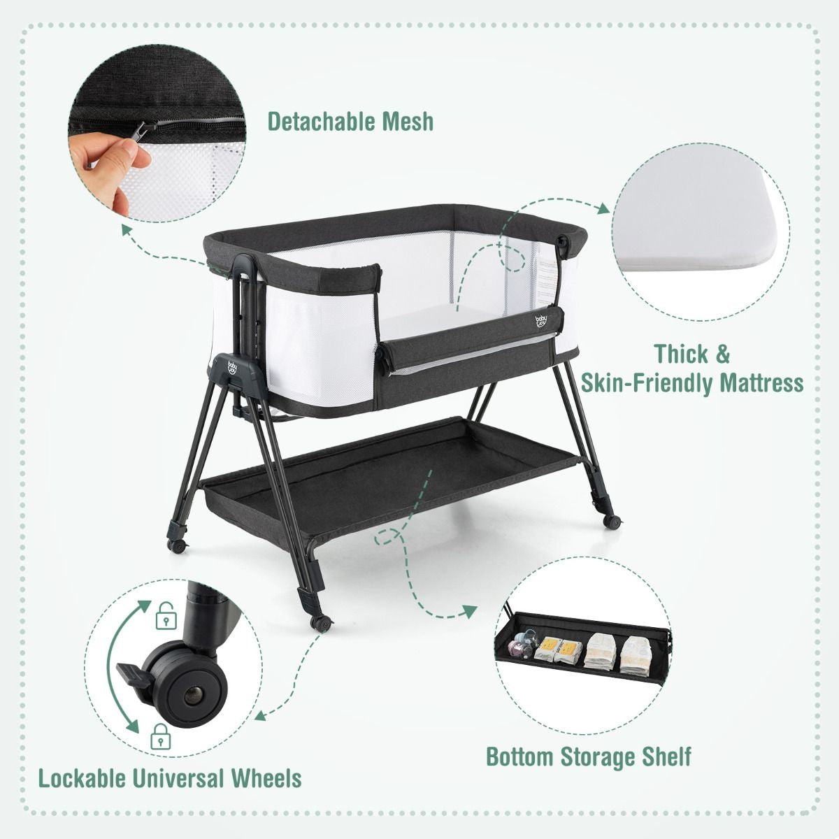 Babybett Tragbares Klappbett Verstellbares Bett mit Stauraum