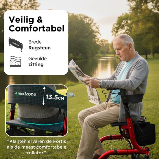 Medzone Rollator leicht und faltbar - Sitzfunktion - für drinnen und draußen - Rückenlehne und Gehstockhalterung - Champagner - Rot