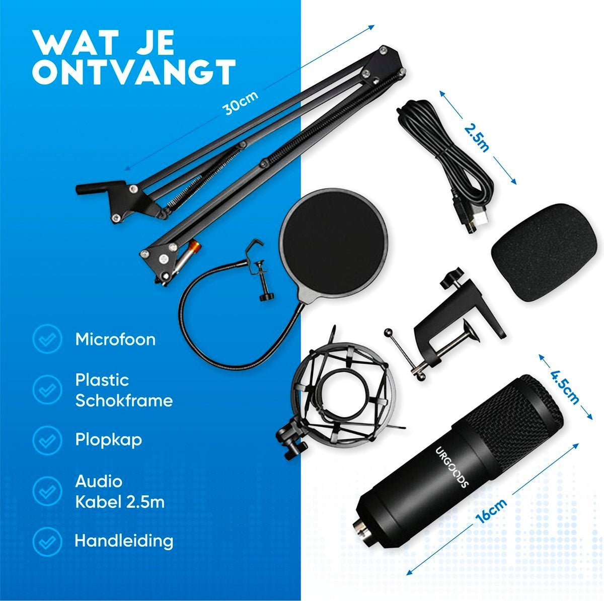 Urgoods - Mikrofon mit Arm - Kondensatormikrofon - Streaming & Gaming - für PC - USB - Schwarz