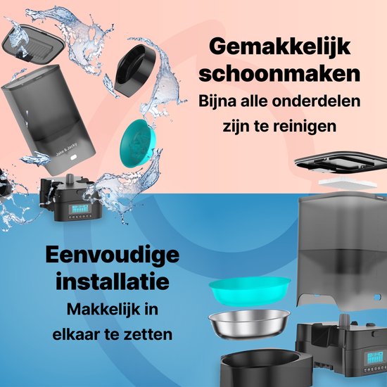 Jake and Jacky Futterautomat für Katzen und Hunde - 5 Liter - Inklusive 2 Edelstahl-Futterautomaten & 2 Langsam-Futterautomaten - Futterspender & Anti-Snack-Eimer - Futterspender - Futterautomat für Katzen & Hunde - Schwarz