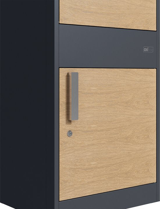 AXI Levi Paketbriefkasten aus Metall, anthrazit/Holzoptik – Paketbox für mehrere Pakete – Inklusive Schloss und separatem Fach für Post – 50,6 x 38,3 x 112 cm