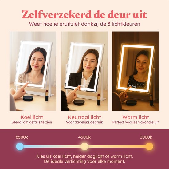 Fraay® Hollywoodspiegel mit Beleuchtung 41x30cm - 3 Lichtstufen - Schminkspiegel mit 10-facher Vergrößerung - LED-Streifenbeleuchtung dimmbar - inkl. Beauty Blender und Puderquaste