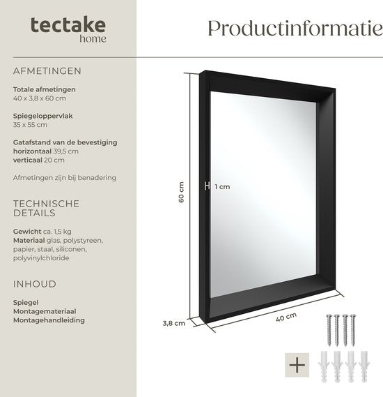 tectake - Wandspiegel Elina - Badezimmerspiegel - Rechteckiger Spiegel mit stabilem Kunststoffrahmen - 40x60 cm - Spiegel für Bad, Wohn- und Schlafzimmer