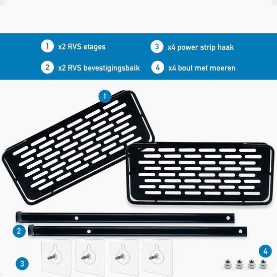 Happy Goods Duschregal - 2-lagiges Duschregal ohne Bohren - Edelstahl - Selbstklebend - Hängendes Duschregal - Badezimmerregal - Badezimmerregal - Duschregale - Schwarz
