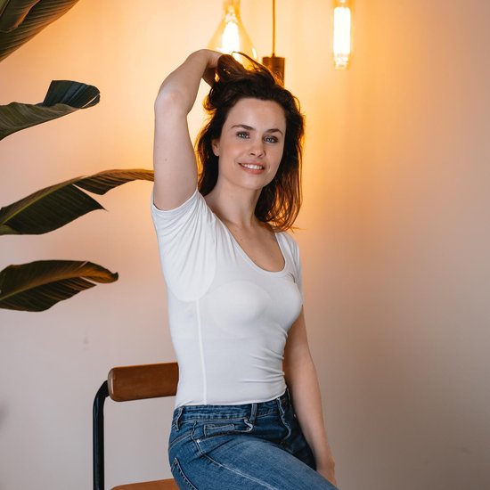 Anti Sweat Shirt - Fibershirts® - Eingenähte Achselpads - Unterhemd - Weiß - Rundhalsausschnitt - Damen - Größe XS