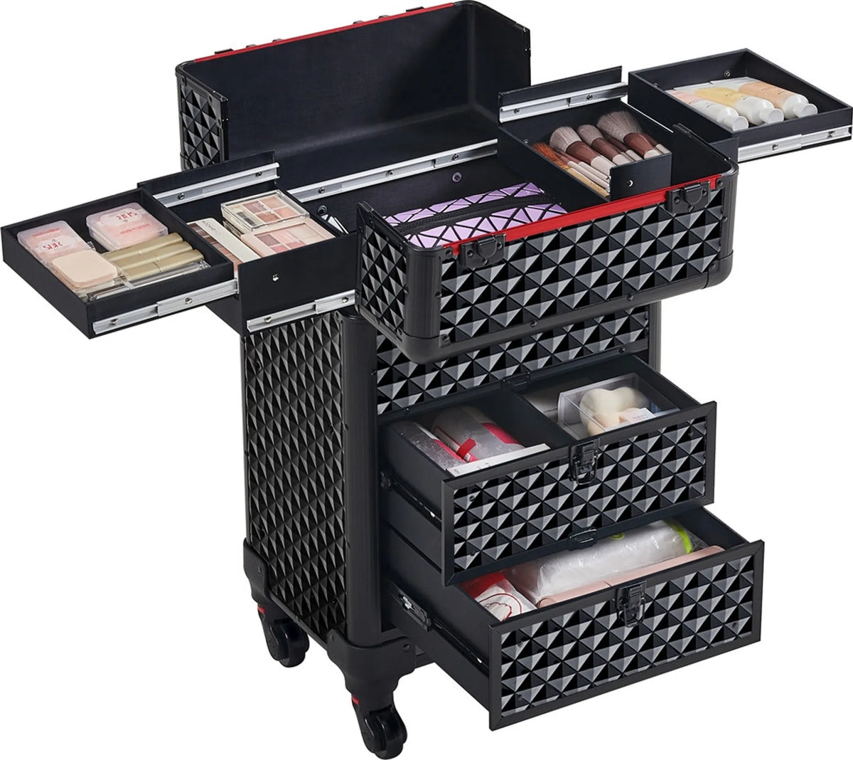 Yaheetech Schminkkoffer auf Rädern - mit 2 Schubladen und ausziehbarem Griff und rautenförmiger Dekoration - für Kosmetikerinnen und Nageltechnikerinnen - schwarzes Metall und MDF - 34,5 x 24,5 x 58 cm