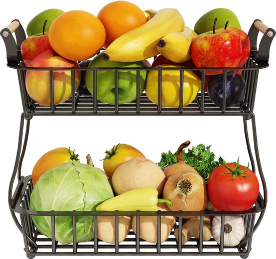 Posity Fruit Bowl 2 Layer - Obstkorb - Obst Etagere - Gemüsekorb - Drahtkorb - Obstregal - Holz & Metall - Schwarz