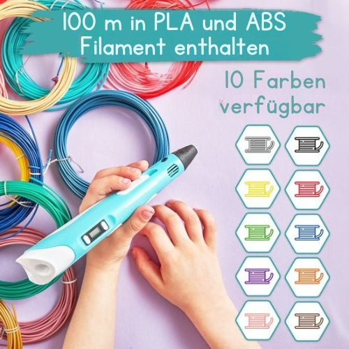 MM Brands - 3D Stift - Starter Pack - inkl. 100m Filament in 10 Farben - Extra langes Ladekabel - Geeignet für ABS & PLA Filament - Blau