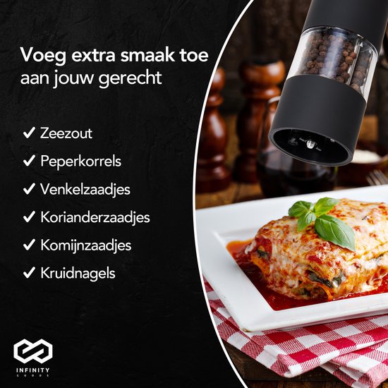 Infinity Goods Elektrisches Pfeffer- und Salzmühlen-Set - Pfeffermühle - Salzmühle - Einstellbares Mahlwerk - Gewürzmühle - Schwarz