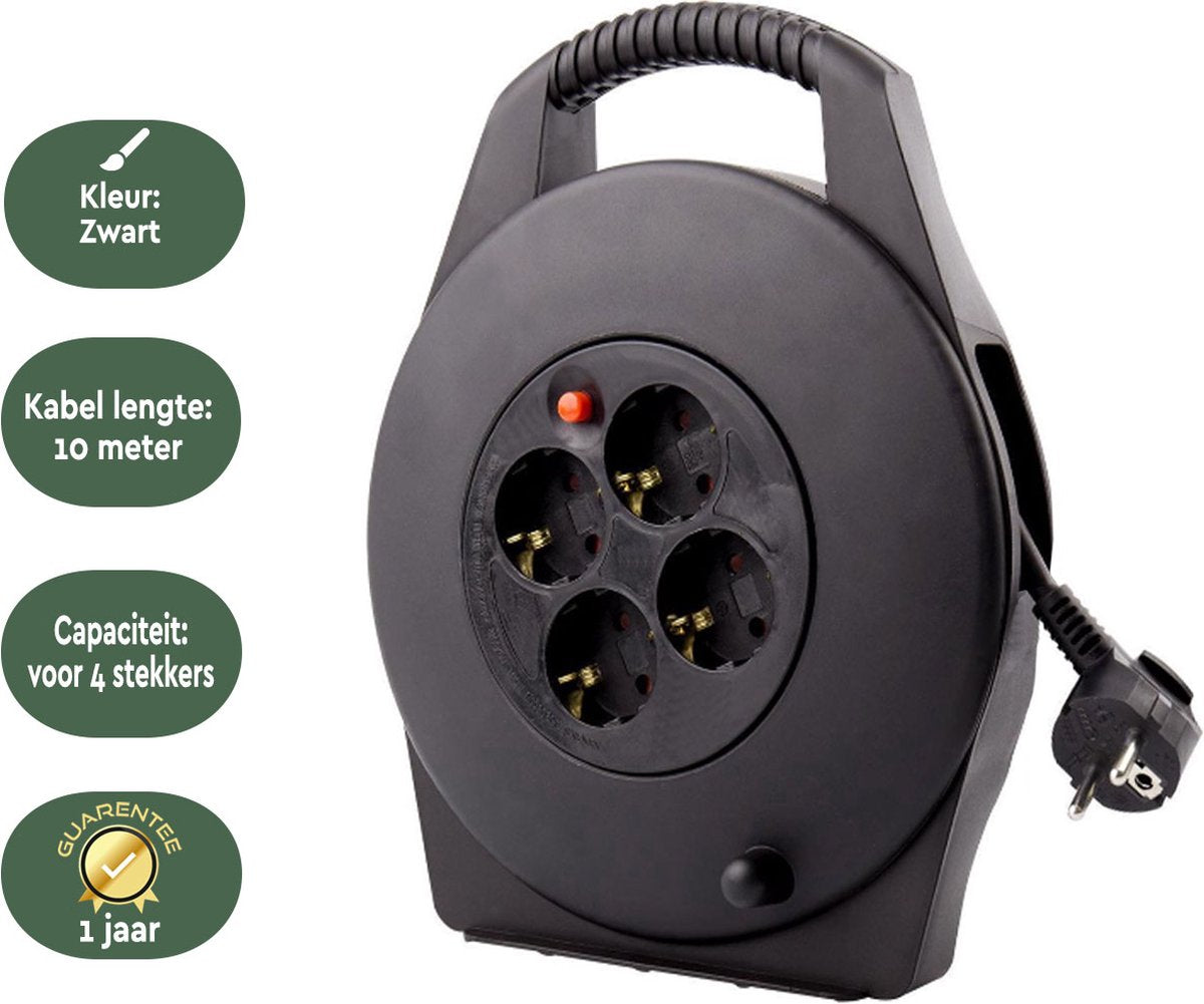 BRASQ Kabeltrommel - 4-fach - Schwarz - 10 Meter - Trommelverlängerungskabel - Verlängerungskabel - Mit Erdung - Für den Innenbereich