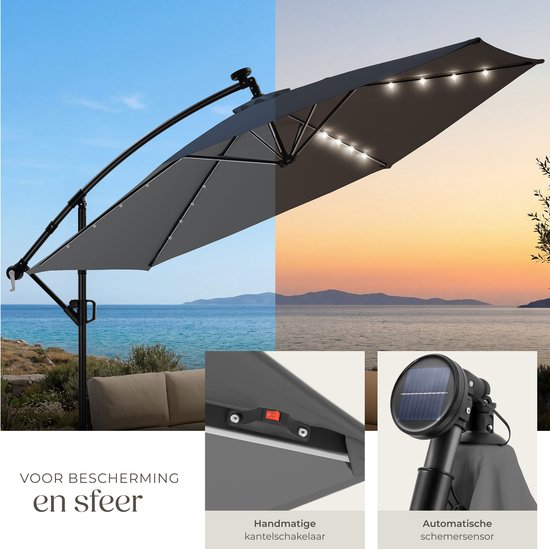 tectake® Schwebeschirm mit Sockel – 3,5 x 3,5 m – Gartenschirm mit solarbetriebener LED-Beleuchtung – schwenkbar – wasserabweisendes Polyester mit UV-Schutz – inklusive Schutzhülle – grau