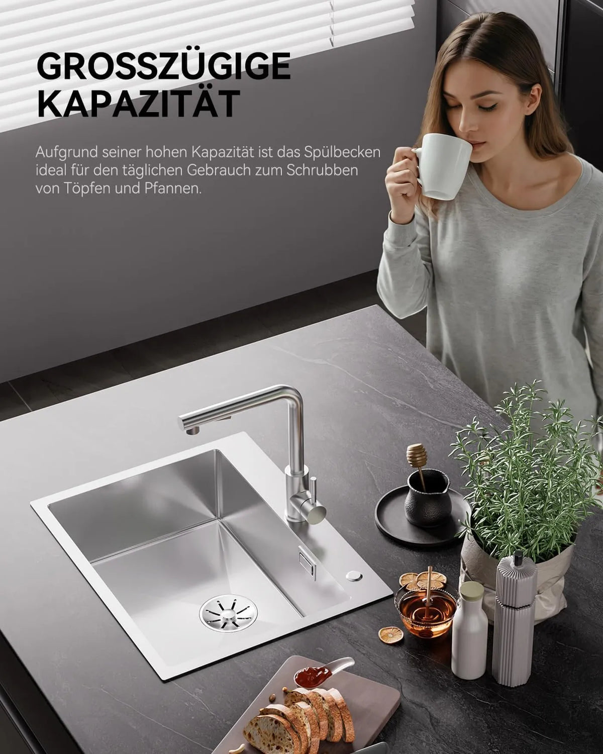 Sofetiy Spülbecken aus Edelstahl 60 x 48 cm – Einzelbecken mit Siphon – Geräuschdämpfend und extra dick (3 mm) – Gebürsteter Edelstahl