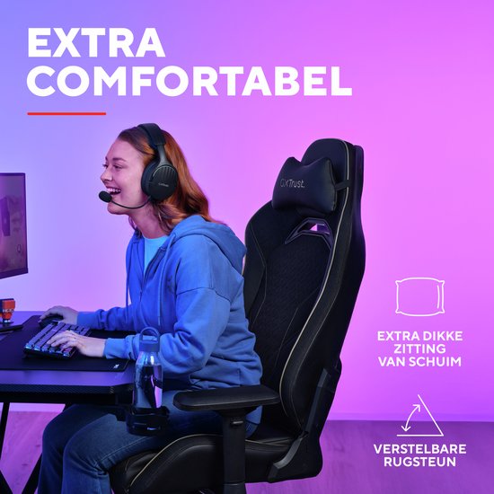 Trust GXT 721 Ruya Pro – Hochwertiger, bequemer Gaming-Stuhl – 4D-Armlehnen – Integrierte Lendenwirbelstütze – Belastbar bis 150 kg – Schwarz