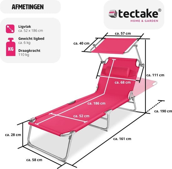 tectake - Zonnestoel ligbed zonnebed Chloe - met verstelbaar zonnedak - pink - 403419