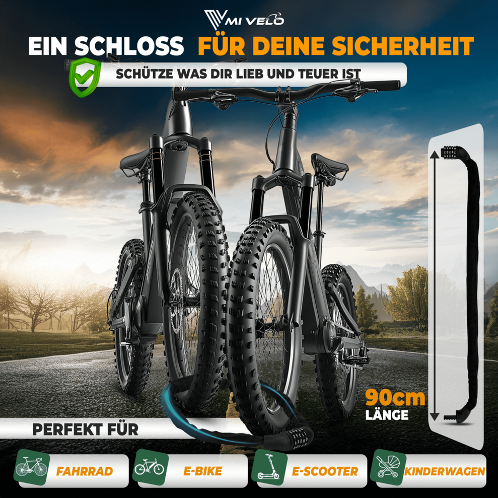 MIVELO Fahrradkette - Mit Zahlenschloss - 90 CM - Stahl - Schwarz
