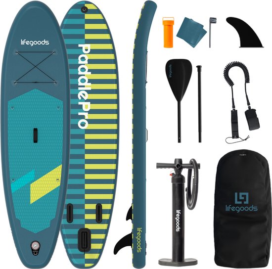 LifeGoods SUP Board All-round Compact - 100 KG Tragfähigkeit - 300 x 76 cm - Aufblasbar - Komplettes SUP Paket - Cyan/Dunkelgrün