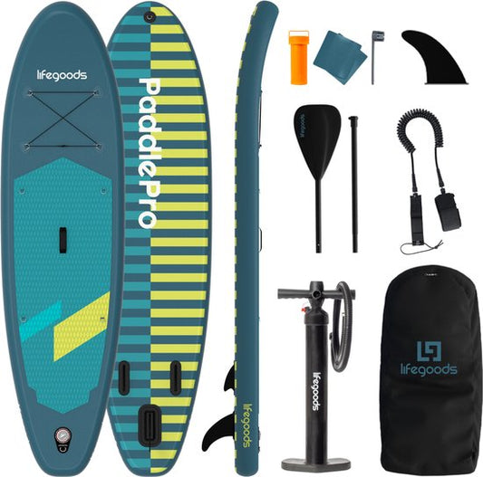 LifeGoods SUP Board All-round Compact - 100 KG Tragfähigkeit - 300 x 76 cm - Aufblasbar - Komplettes SUP Paket - Cyan/Dunkelgrün