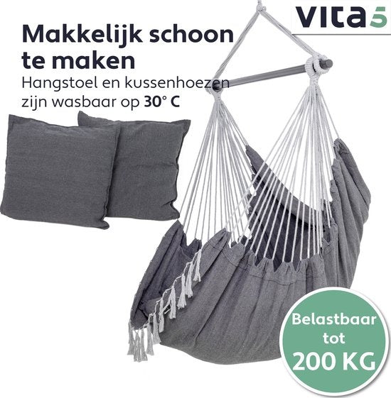 Vita5 XXL Hängesessel | Indoor/Outdoor Hängenest | Inkl. 2 Kissen und Buchbox | Erwachsene & Kinder | Hängesessel bis zu 200kg | Dunkelgrau
