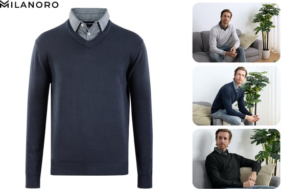 Milanoro - Herren Pullover mit Hemdkragen - Navy - XL