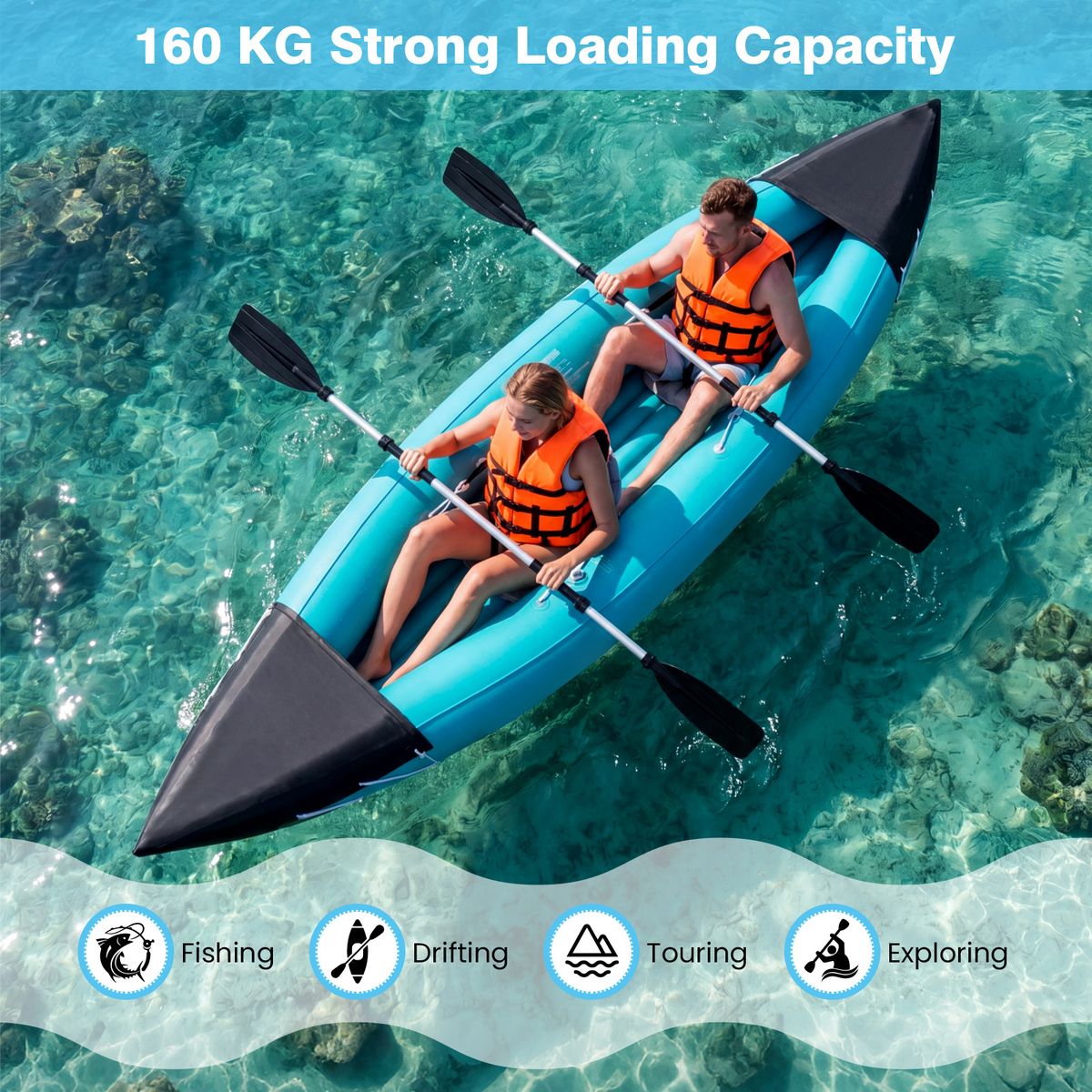 Coast Aufblasbares Kajak-Set für 2 Personen – mit Paddeln und Fußpumpe – Blau – 321 x 92 x 45 cm