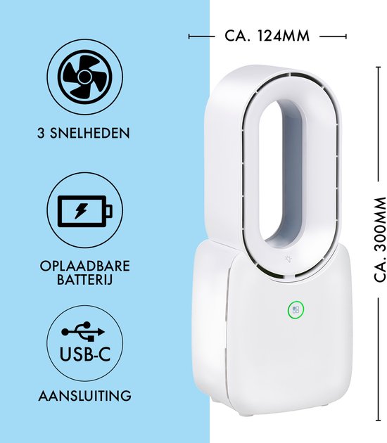 Lifetime Air Bladeless Fan - Leiser Ventilator mit drei Geschwindigkeiten - Kabelloser Tischventilator - Tischventilator mit LED-Stimmungslicht - USB-C wiederaufladbar - Kompaktes Design - 5W - Weiß